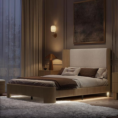 Full Size Upholstered Platform Bed Frame with Wingback Headboard, Motion-Sensing LED Lights, Sturdy Slats, Mattress-Lock Footboard, PU Leather,No Box Spring Needed, Easy Assembly, Whitewashed Oak