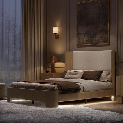 Queen Size Upholstered Platform Bed Frame with Wingback Headboard, Motion-Sensing LED Lights, Sturdy Slats, Mattress-Lock Footboard, PU Leather,No Box Spring Needed, Easy Assembly, Whitewashed Oak