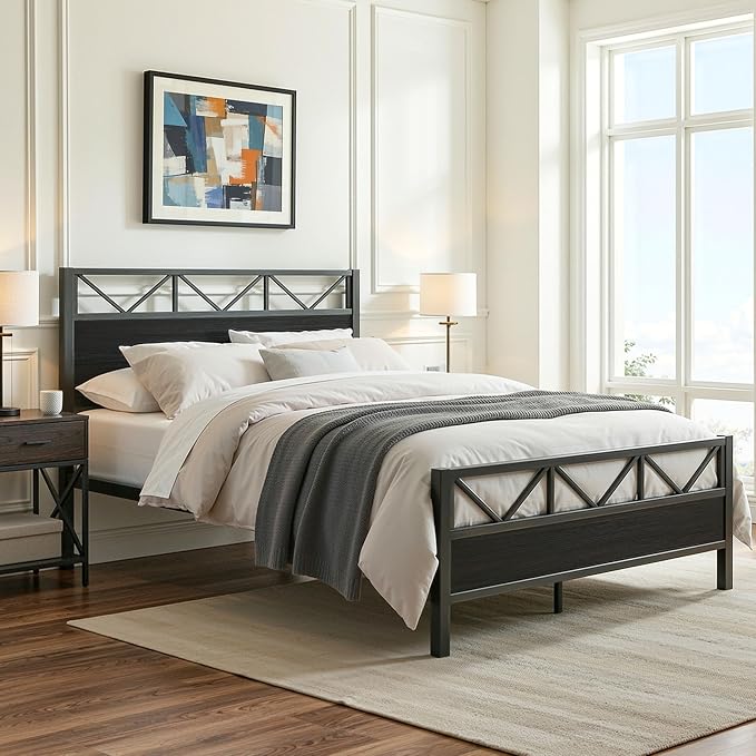 LIKIMIO King Bed Frame, Tall Industrial Headboard 51.2 ", Platform Bed Frame with Strong Metal Support, Solid and Stable, Noise Free, No Box Spring Needed, Easy Assembly, Black