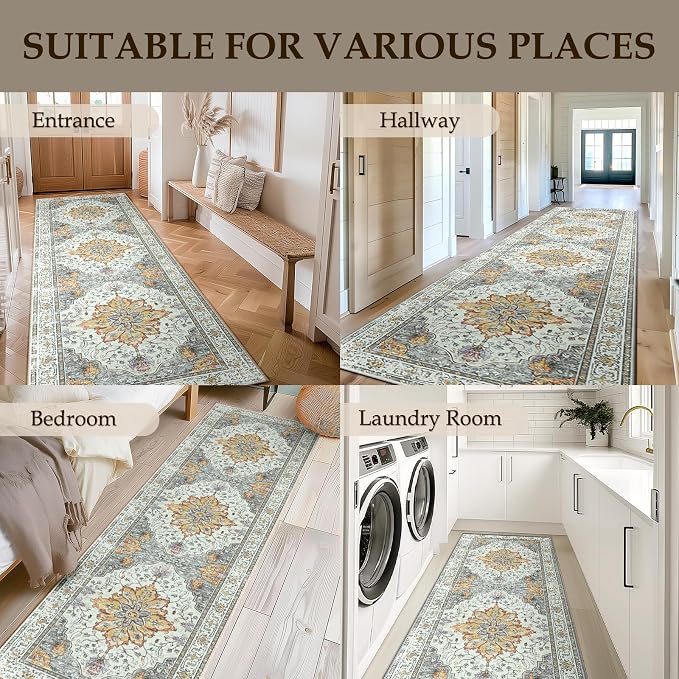 RELEANY Area Rugs Runner 2'x8' Washable Non-Slip, Floral Vintage Distress Medallion Carpet for Kitchen Hallway Bedroom Beside Laundry Room Bathroom, Beige Carbon Grey Orange