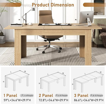 59"-86" Extendable Dining Table for 6-8 Person, Wooden Dining Room Table, Modern Extendable Table for Gatherings, Meeting for Small Kitchens, Dining Office Areas(Natural)