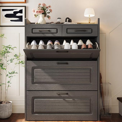 Shoe Cabinet Storage for Entryway with 3 Large Flip Drawers & 2 Storage Drawers, Narrow Shoe Organizer Cabinet Fits for Kinds of Shoes, Slim Shoe Storage Cabinet for Entryway, Hallway, Dark Grey