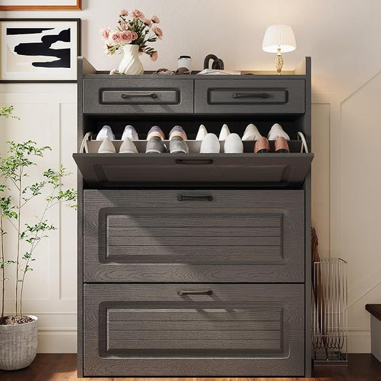 Shoe Cabinet Storage for Entryway with 3 Large Flip Drawers & 2 Storage Drawers, Narrow Shoe Organizer Cabinet Fits for Kinds of Shoes, Slim Shoe Storage Cabinet for Entryway, Hallway, Dark Grey