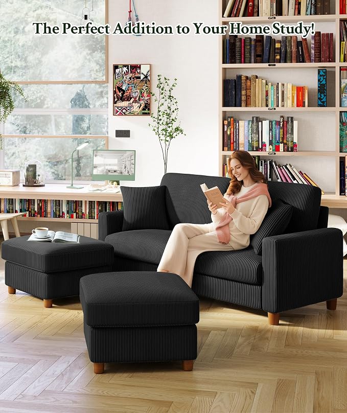 Welzona 70.2" Couches for living room, Comfy U Shaped Couch Black 7.1" Thicker Cushion, Sofas for Living Room Tool-Free Setup, Loveseat with Ottoman 7058lbs Support, Corduroy Couch for Bedroom, Office
