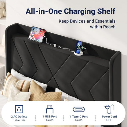 Allewie Queen Size Platform Bed Frame with Charging Station and Storage Shelf/Upholstered Velvet Wingback Headboard/Wooden Slats Support/No Box Spring Needed/Easy Assembly, Black