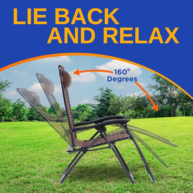 SereneLife 2 Pack Zero Gravity Recliner Chairs with Table, Brown | Lockable recline, padded headrests and cup holder table provide comfortable outdoor seating for patios and camping