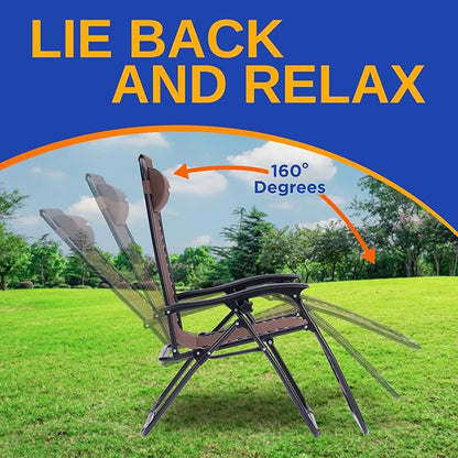 SereneLife 2 Pack Zero Gravity Recliner Chairs with Table, Brown | Lockable recline, padded headrests and cup holder table provide comfortable outdoor seating for patios and camping