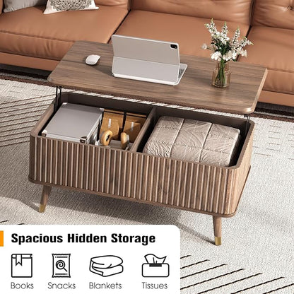 JOINICE Lift Top Coffee Table with Storage, Mid Century Modern Fluted Wood Design,Pop-Up Walnut Center Table with Hidden Compartment for Living Room & Home Office Work/Dining