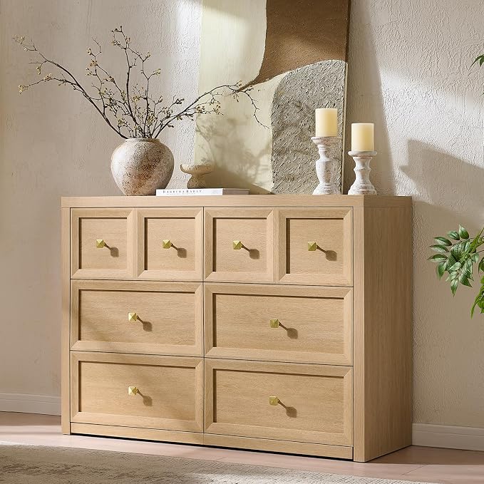 6 Drawers Dresser for Bedroom-46.5" Wide Wooden Chest of Drawers with Large Storage, Long Dresser TV Stand with Drawers, Farmhouse Closet Dressers for Living Room Bedroom, Natural