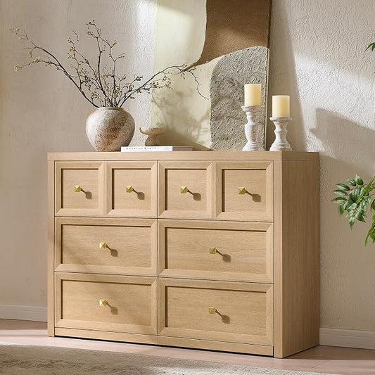 6 Drawers Dresser for Bedroom-46.5" Wide Wooden Chest of Drawers with Large Storage, Long Dresser TV Stand with Drawers, Farmhouse Closet Dressers for Living Room Bedroom, Natural