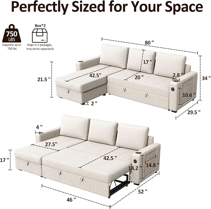 Ball & Cast 80" Sectional Sleeper Sofa Bed Pull Out Couches for Living Room | L Shaped Convertible Pull Out Sofa Bed with Storage Chaise, LED Lights, Foldable Table, USB Ports, Cup Holder and Side Pocket