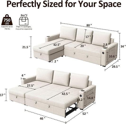 Ball & Cast 80" Sectional Sleeper Sofa Bed Pull Out Couches for Living Room | L Shaped Convertible Pull Out Sofa Bed with Storage Chaise, LED Lights, Foldable Table, USB Ports, Cup Holder and Side Pocket