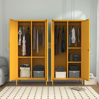 Industrial 67" Yellow Lockable Metal 2-Door Storage Cabinet, Multi-Purpose Wardrobe with Hanging Rod & Adjustable Shelves, Heavy Duty for Bedroom, Garage, Home Office 67"H X 31.5"W X 18.1"D