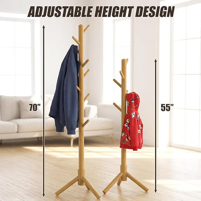 Simple Houseware Wooden Coat Rack Stand Garment Adjustable Tree Rack, 9 Hooks, Oak