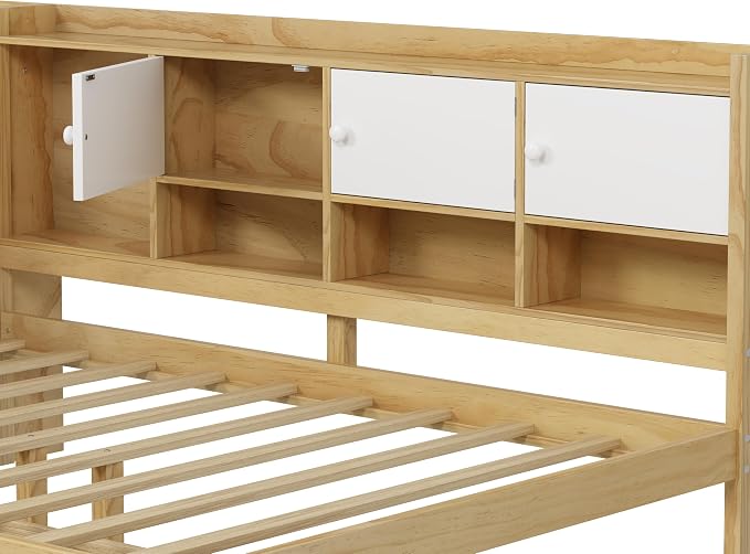 Bellemave Twin Corner Bed Frame, Twin Size Corner Beds with Storage Cabinets and Desk, Wood Daybed with Bookcase and Drawers, Natural+White