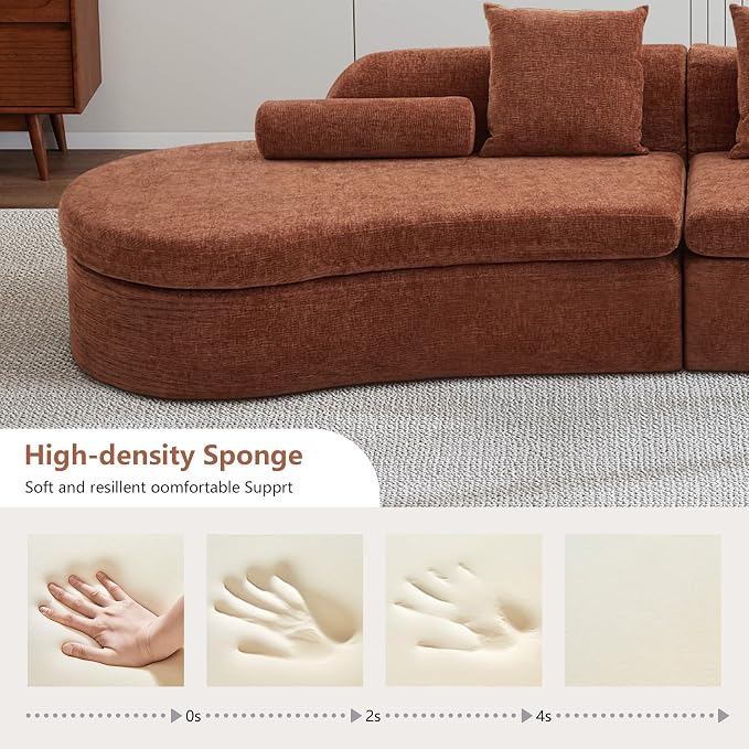 AVZEAR Curved Modular Sectional Sofa, Chenille Upholstered Cloud 4 Seater Couch for Living Room, No Assembly Modern Love Seat Sofa with 4 Bolster Pillows & 4 Square Pillows, High-Density Foam, Orange