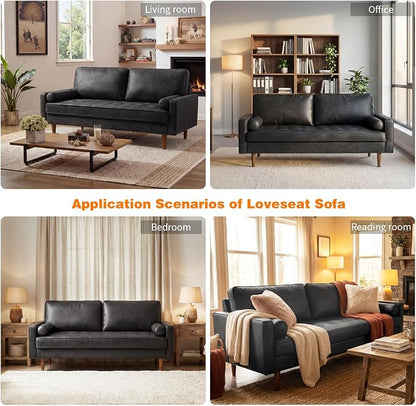 70" Mid-Century Modern Sofa Couch – Faux Leather Loveseat Sofa with Deep Seat & Solid Wood Frame – Includes 2 Accent Pillows – Black Living Room Bedroom Office (Black, 70 inches)