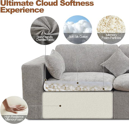 146''Cloud Boneless Sectional Couch, Modular Sectional Sofa Deep Seat, Oversized Upholstered Convertible Comfy 4 Seater Chenille Memory Foam Sofa Couches for Living Room, Light Grey