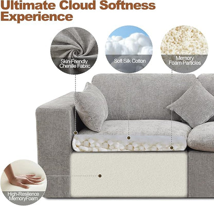 115'' Cloud Boneless Sectional Couch, Modular Sectional Sofa Deep Seat with 2 Ottomans, Oversized Upholstered Convertible Comfy 5 Seater Chenille Sofa U Shape Couches for Living Room, Light Grey