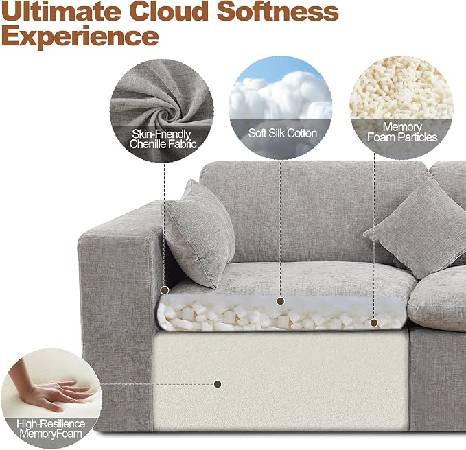 146''Cloud Boneless Sectional Couch, Modular Sectional Sofa Deep Seat with Ottoman, Oversized Upholstered Convertible Comfy 5 Seater Chenille Sofa L Shape Couches for Living Room, Light Grey