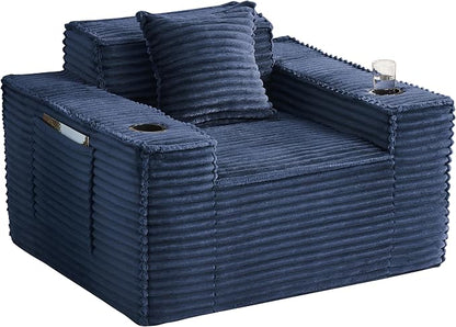 43.3" Boneless Chair with Cup Holder,Oversize Accent Chair with Side Pocket, Large Reading Sofa Chair for Compact Living Rooms, Apartments (Blue, Single Sofa Chair)