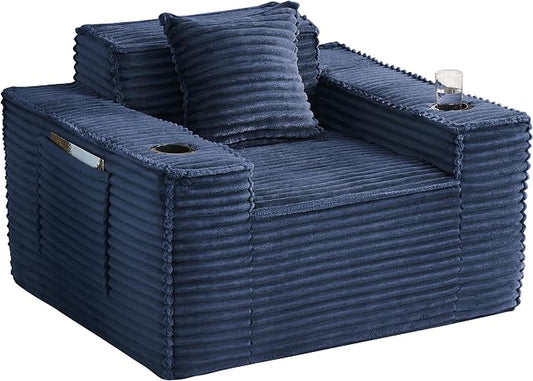 43.3" Boneless Chair with Cup Holder,Oversize Accent Chair with Side Pocket, Large Reading Sofa Chair for Compact Living Rooms, Apartments (Blue, Single Sofa Chair)