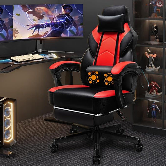 Gaming Chair with Footrest, Massage Lumbar Support, Height Adjustment, and 360° Swivel Seat. Ergonomic Design for Gaming