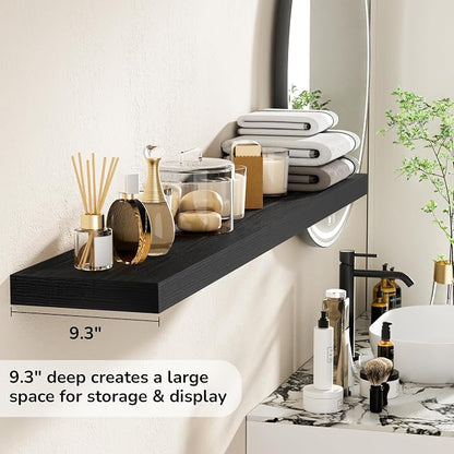 Fun Memories 55 Inch Floating Shelves - 9 Inch Deep Rustic Wooden Wall Shelves - Extra Deeper & Thicker Wall Mounted Storage Shelf for Living Room Kitchen Farmhouse - Rustic Black
