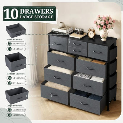 Dresser for Bedroom with Side Pockets and Hooks, 10 Drawers Storage Organizer Chest of Drawers, Sturdy Metal Frame for Living Room, Hallway, Closet, Dark Gray