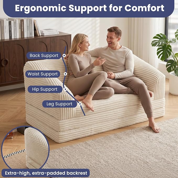 JUIKURY Convertible Sofa Bed, 3-in-1 Foldable Loveseat Couch with Armrest, Corduroy Floor Sofa & Sleeper Bed, No Assembly High-Density Foam Futon Mattress for Living Room, Small Apartment, Dorm