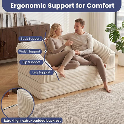JUIKURY Convertible Sofa Bed, 3-in-1 Foldable Loveseat Couch with Armrest, Corduroy Floor Sofa & Sleeper Bed, No Assembly High-Density Foam Futon Mattress for Living Room, Small Apartment, Dorm