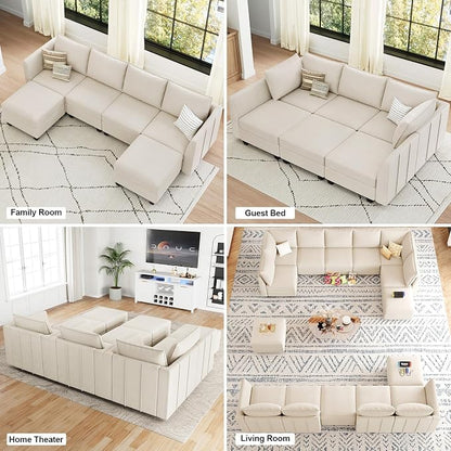 Belffin Modular Sectional Sofa U Shaped Couch with Storage Velvet Sectional Couch for Living Room Beige