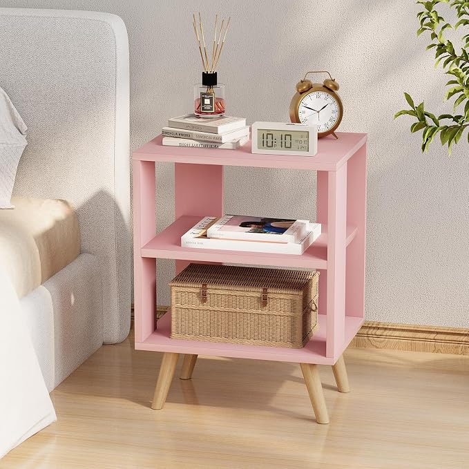 Huhote Kids Nightstand, 2-Tier Night Stand with Open Storage, Modern Side Table for Bedroom, Study Room, Small Spaces, Pink
