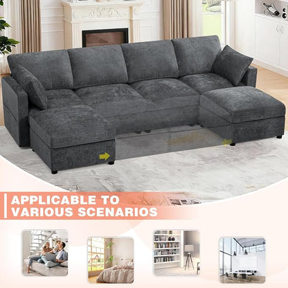 110” Chenille 4-Seats Sofa W/Two Movable Ottomans, Grey | Modern Fabric U-Shaped Couch w/Soft Backrests, Upholstered Sectional Sofa w/Arm Pillows for Living Room, Office