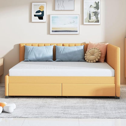 Merax Full Size Upholstered Daybed with 2 Storage Drawers, Wooden Sofa Bed Frame for Bedroom Guest Room, No Box Spring Needed