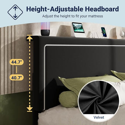Allewie Full Size Lift Up Storage Bed Frame with Charging Station & LED Lights, Adjustable Velvet Upholstered Storage Headboard, Type-C & USB Ports, Hydraulic Support, No Box Spring Needed, Black