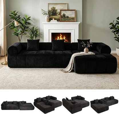 119'' Curved Boneless Sofa Couch, 3 Seat Cloud L Shaped Deep Seat Couches for Living Room, No Assembly Modular Sofa with Right Chaise Lounge, Black
