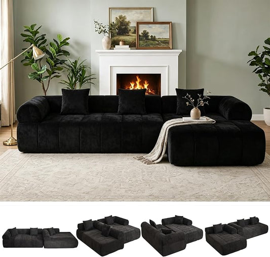 119'' Curved Boneless Sofa Couch, 3 Seat Cloud L Shaped Deep Seat Couches for Living Room, No Assembly Modular Sofa with Right Chaise Lounge, Black
