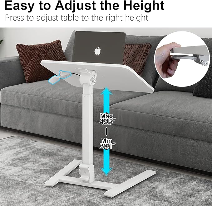 PUNCIA 25" Mobile Folding Desk, No Assembly Required Pneumatic Sit-Stand | Adjustable Height Laptop Table, 0-90° Tilt Top Computer Cart for Home Office, Small Space, Bedroom and Dorm, White