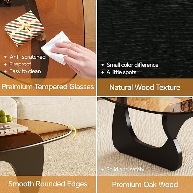 Coffee Tables Glass Small Farmhouse Coffee Table Mid-Century Modern Wood Center Table for Living Room, Black Brown, 32 Inch