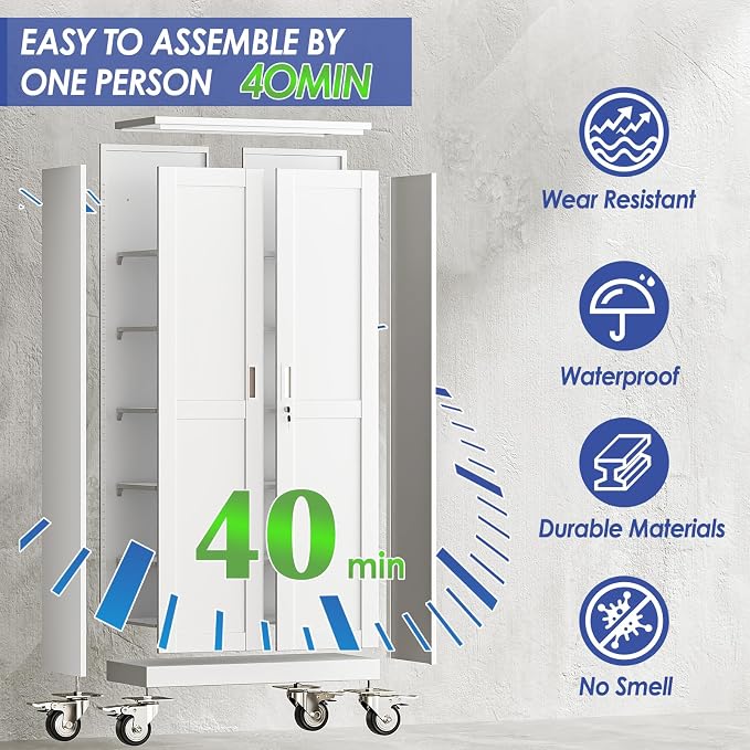 71" Metal Garage Storage Cabinet with Wheels and Locking Doors and Tall Rolling Steel Tool Cabinet with 4 Adjustable Shelves for Garage,Home,Office,Shop (White, 71''H x 30''W x15''D)