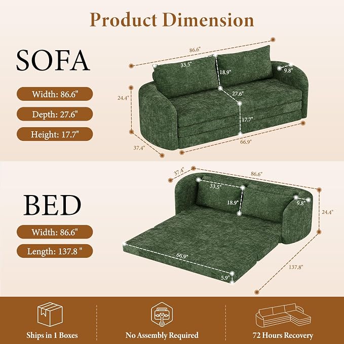 Vesgantti 86.6" Futon Convertible Couch Bed, 3 in 1 Folding Sleeper Sofa Bed with Curved Armrest, Modern Chenille Modular Boneless Sectional Couch for Living Room, No Assembly Required, Green