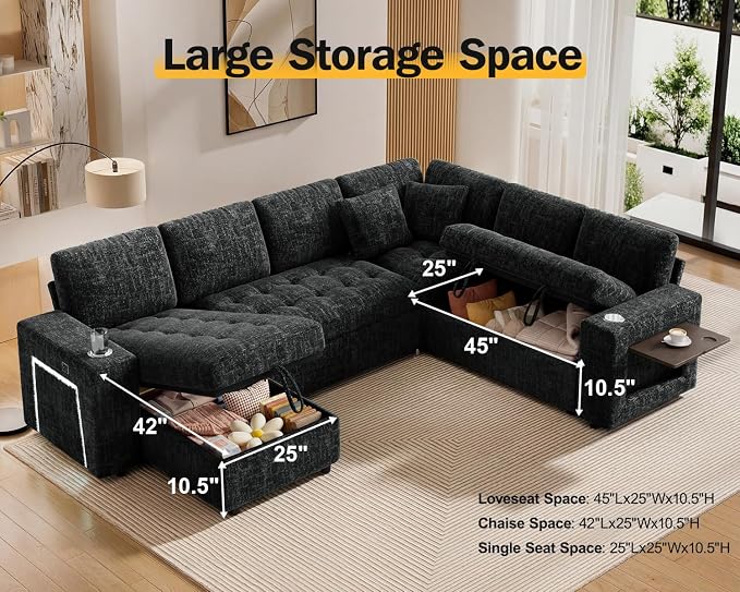 Vipbear 111" Modular Sectional Sleeper Sofa with Pull Out Bed, 7 Seat Chenille L Shaped Couch with Storage Chaise|USB Ports|Cup Holders|Side Table|LED Light, Tool Free Assembly, Black