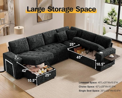 Vipbear 111" Modular Sectional Sleeper Sofa with Pull Out Bed, 7 Seat Chenille L Shaped Couch with Storage Chaise|USB Ports|Cup Holders|Side Table|LED Light, Tool Free Assembly, Black