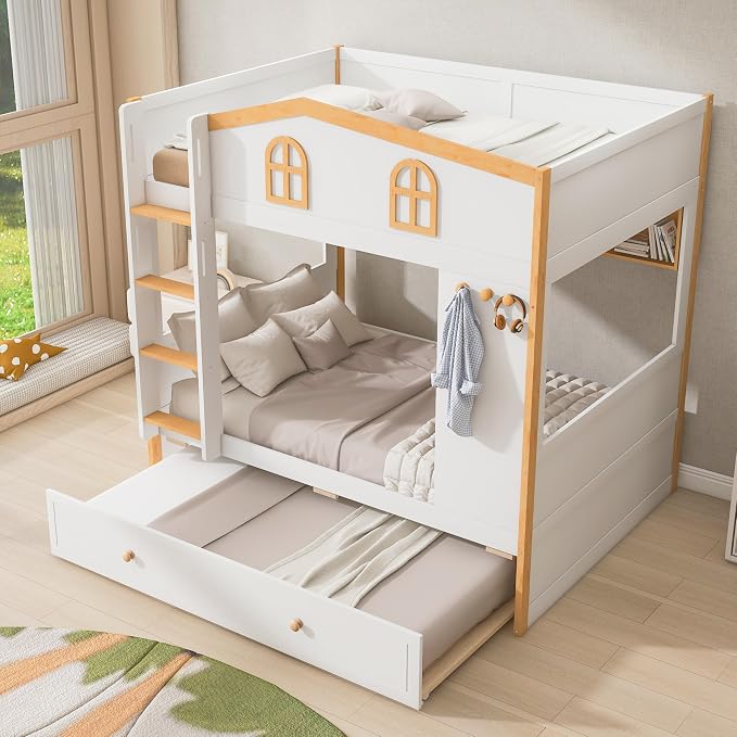 Bellemave Bunk beds Full Over Full with Twin Size Trundle, Low bunk Bed for Kids Adults and Teenagers，White