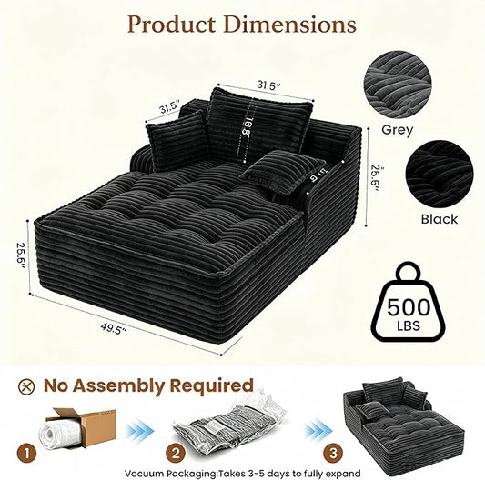 67'' Chaise Lounge Chair Indoor, Oversized Corduroy Upholstered Boneless Sofa Bed, Sleeper Couch Reading Chairs with 3 Pillows, Cloud Sofas Couches for Living Room, No Assembly Required (Black)