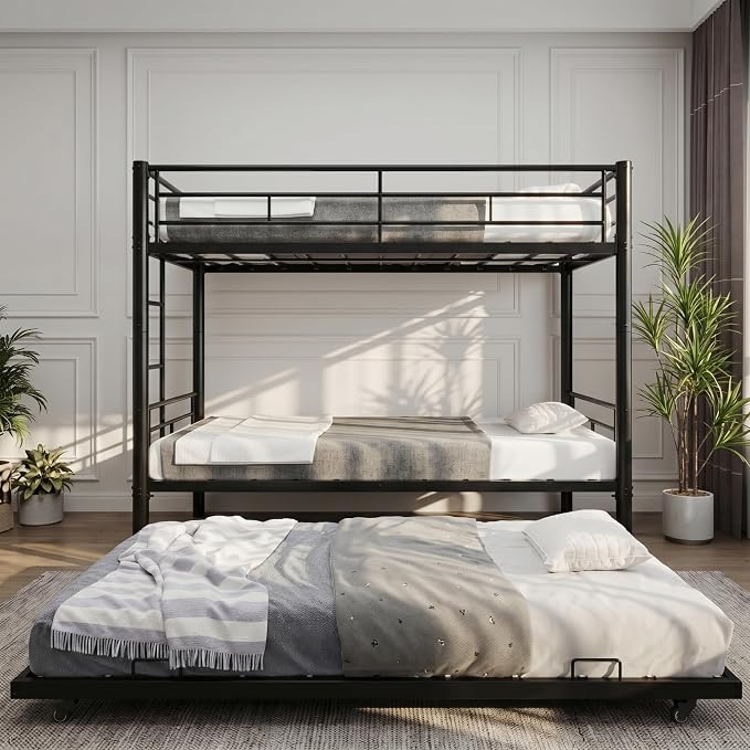Livavege Detachable Bunk Bed Twin Over Twin with Trundle, Heavy Duty Bunk Beds for 3 Kids/Teens/Adults with Safety Guardrails & Ladder, Space Saving 3 Metal Bed Frame for Bedroom, Dorm, Black
