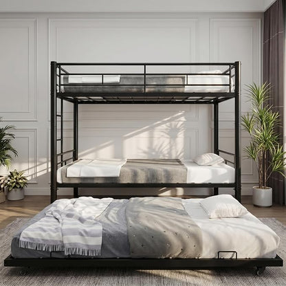 Livavege Detachable Bunk Bed Twin Over Twin with Trundle, Heavy Duty Bunk Beds for 3 Kids/Teens/Adults with Safety Guardrails & Ladder, Space Saving 3 Metal Bed Frame for Bedroom, Dorm, Black