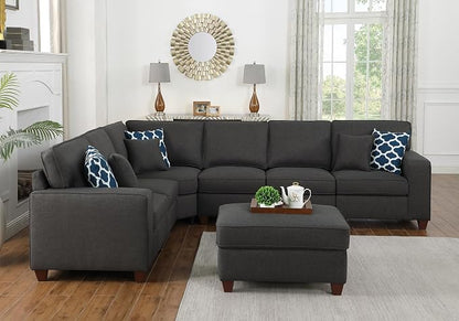 Ball & Cast 116" L-Shaped Sectional Couch with Movable Ottoman and 6 Throw Pillows,7 Seat Chenille Upholstered Sectional Sofa W/Wide Armrest,DIY Combination,Comfy Sectionals Set for Living Room,Gray