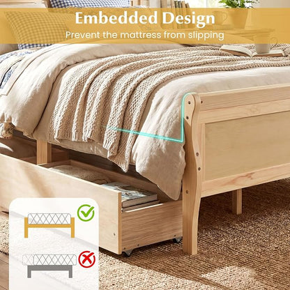 Giantex Full Bed Frame with 2 Storage Drawers, Wood Platform Bed with Headboard & Footboard, Wooden Slats Support Mattress Foundation, Sleigh Bedframe for Teens Adults, No Box Spring Needed (Natural)